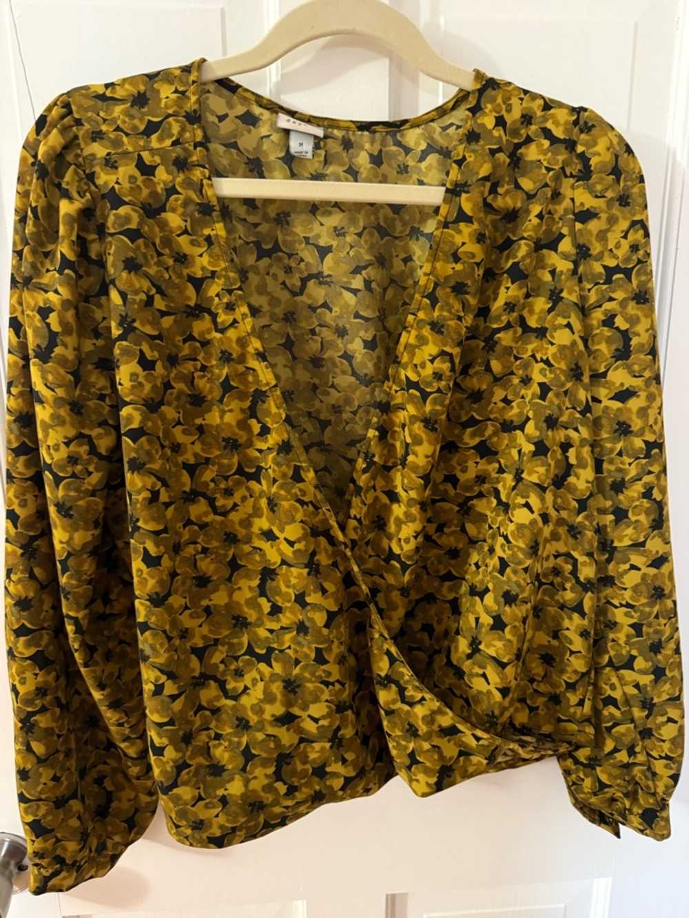 A New Day -  Mustard Yellow Floral Wrap Blouse- size medium – measures 22 x 21”